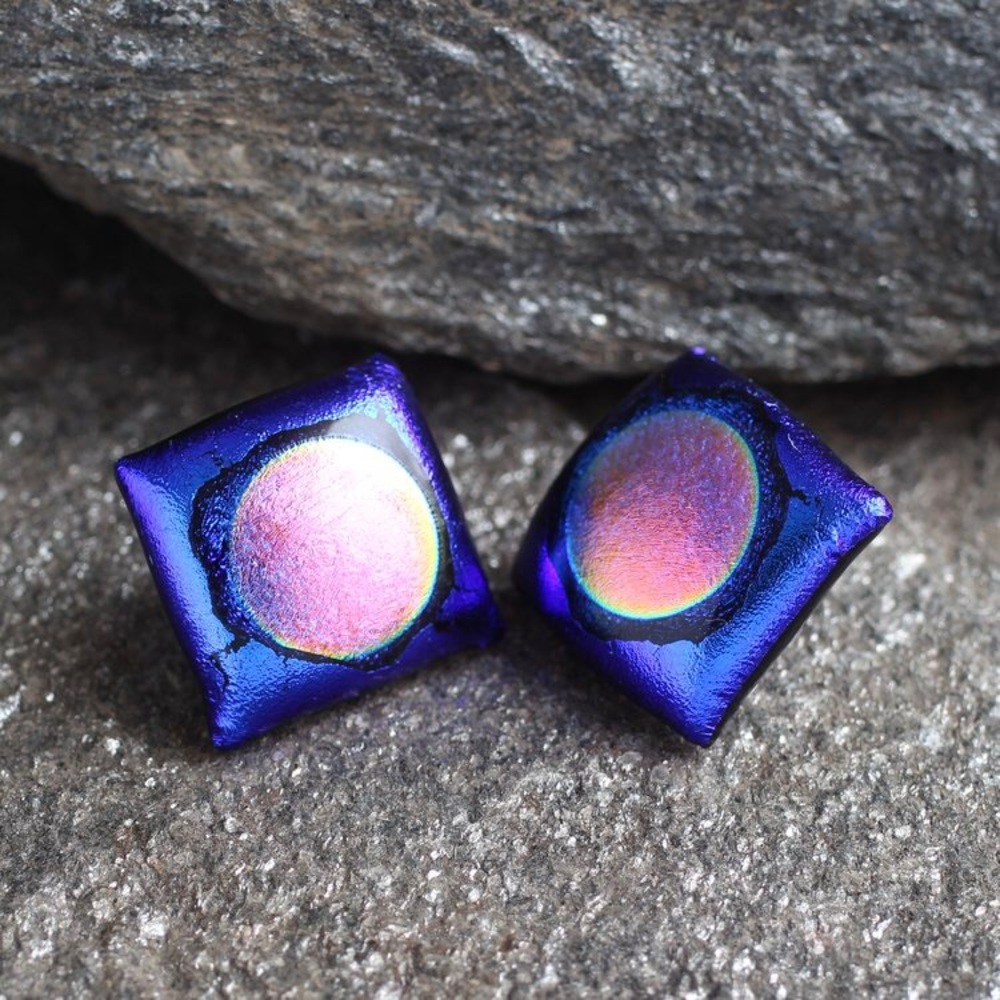 Stunning hand crafted, artisan cobalt blue and pink square glass earrings.